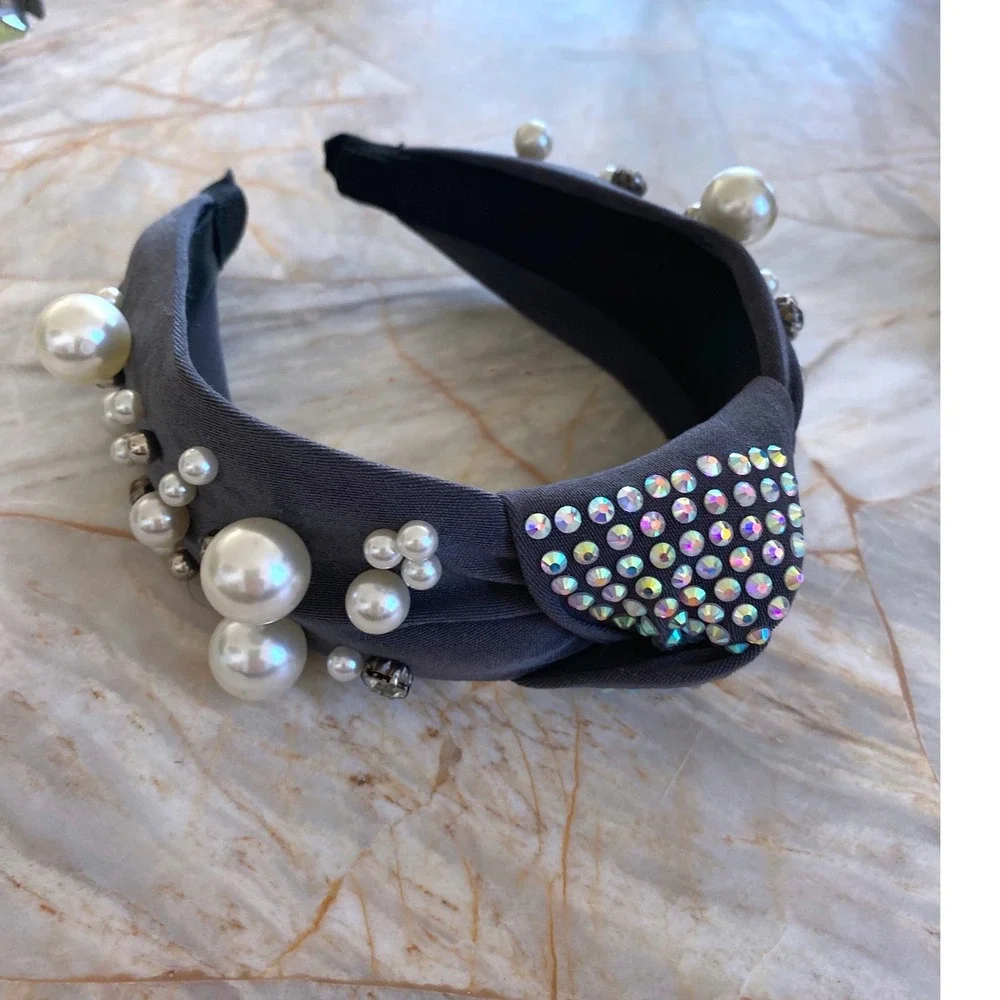 Charcoal Gray Knotted Headband with Faux Pearls Crystals and AB Rhinestones